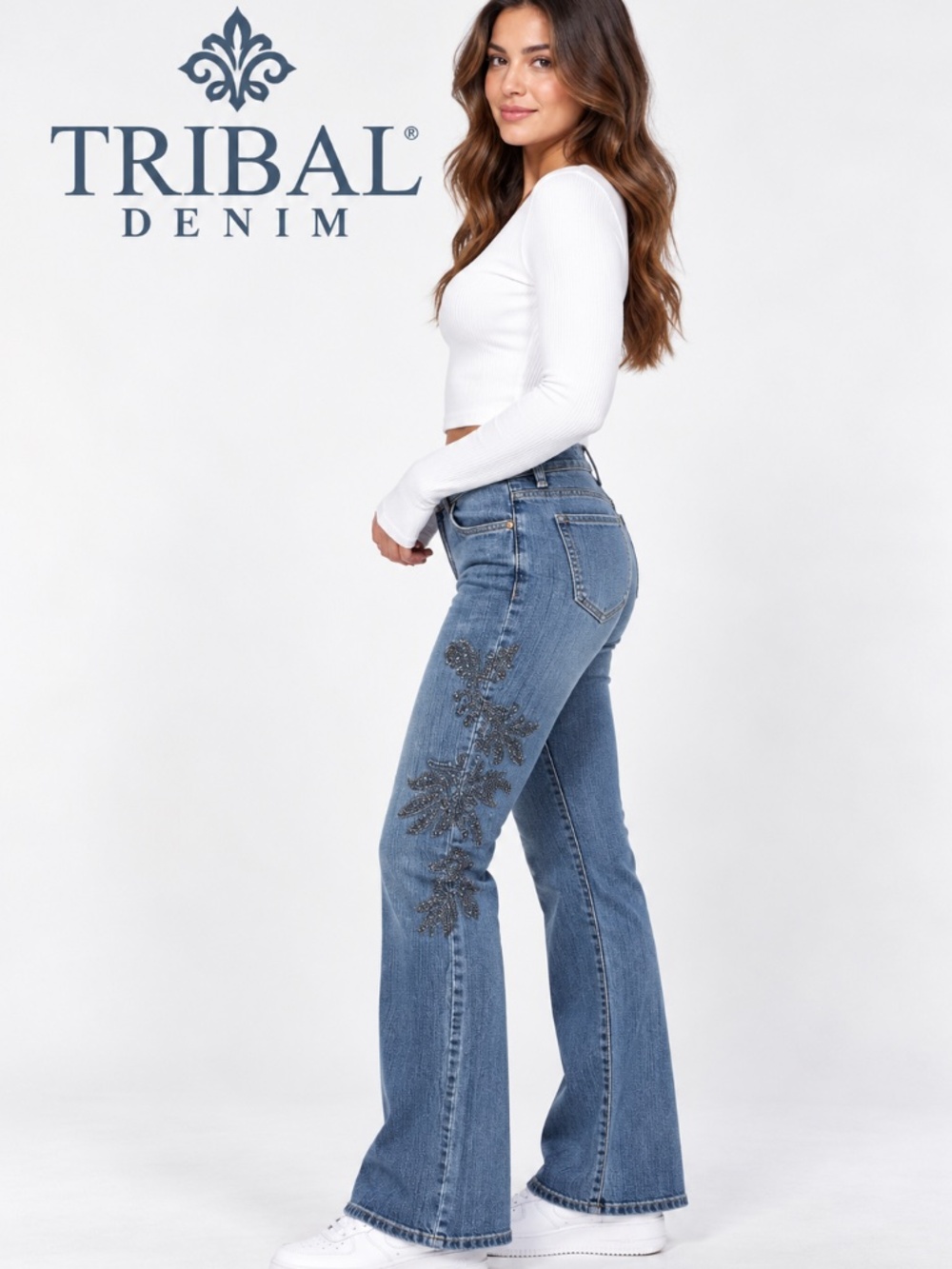 Tribal Medium Blue Bootcut Jeans with Beaded Floral Accents